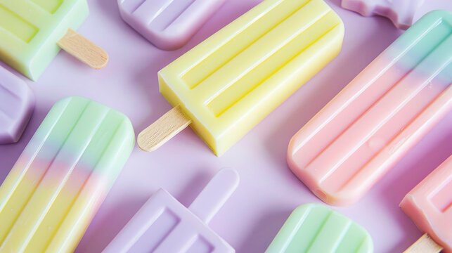 Vibrant assorted popsicles are artistically laid out on a light purple surface, showcasing a refreshing summer treat in various pastel colors.
