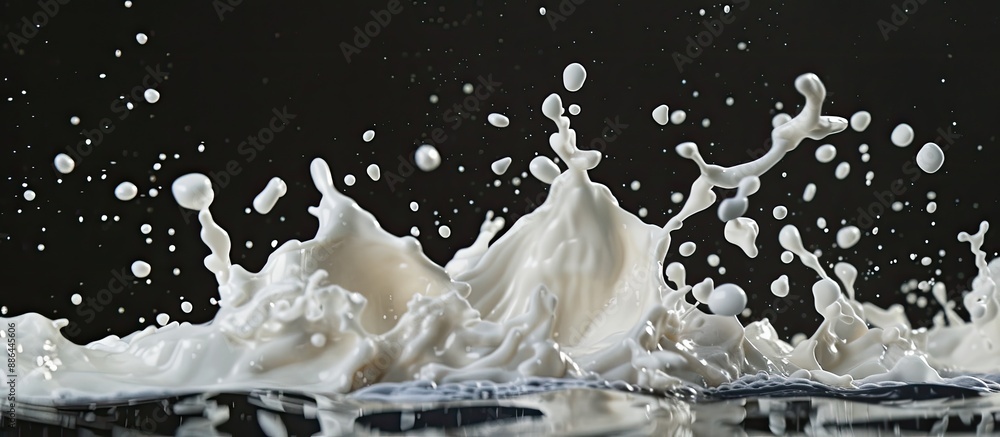 Poster copy space image of white cream splashing into water against a black backdrop