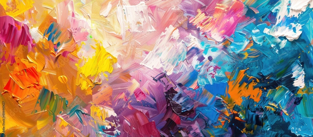 Poster applying oil paint from a brush to a palette on an abstract colorful background with copy space imag