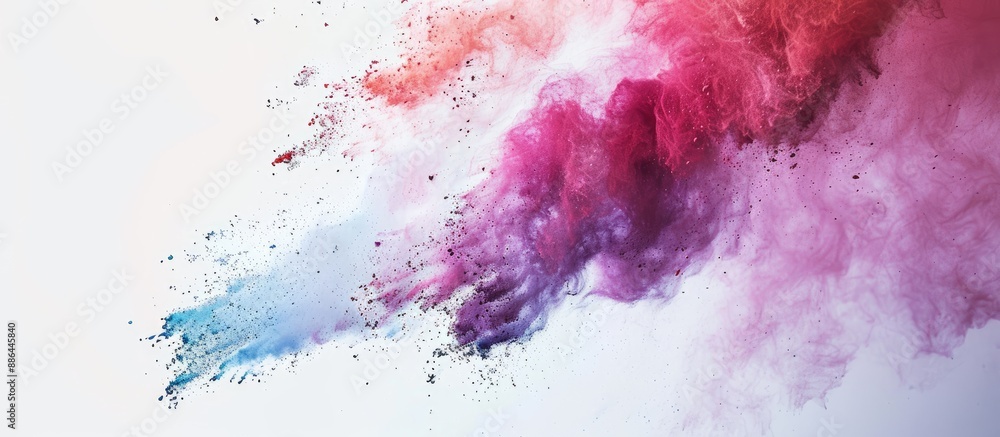 Aufkleber Colorful powder exploded on a white surface capturing the movement in a freeze frame shot with copy space for an image