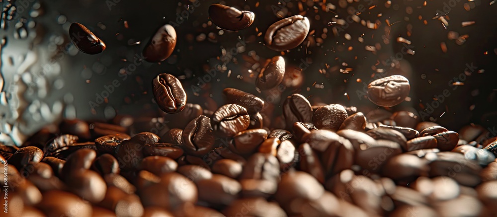 Poster dark roasted coffee beans in a coffee machine with spinning motion creating a background for the bev