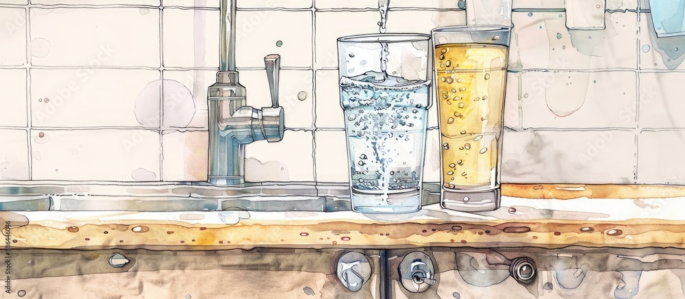 Poster drawing a glass of water showcasing both clear and dirty water from a filter and a kitchen tap with 