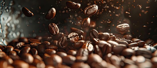Dark roasted coffee beans in a coffee machine with spinning motion creating a background for the beverage and coffee industry with ample copy space image