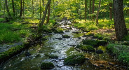 Obraz premium Creek Views: Exploring the Tranquil Waters and Mossy Rocks of Dingman's Creek in Summer