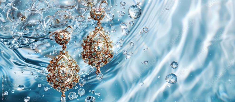 Poster Luxurious jewelry Elegant earrings placed in water on a light blue background with a designated area for adding text in the copy space image