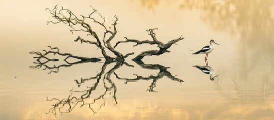 A reflection of a Pied Stilt shorebird feeding at the Lara Wetlands in Central Queensland with copy space image of dead drowned trees in the background