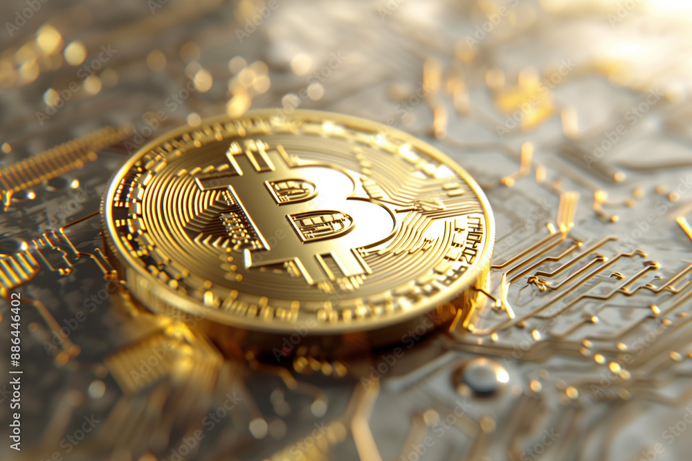 Aufkleber conceptual image of bitcoin cryptocurrency trading and investment - shiny gold bitcoin coin on digit