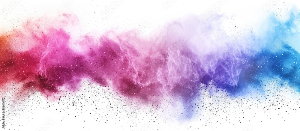 Aufkleber Vibrant multicolored powder exploding in freeze frame creating an abstract backdrop with glittery textures on a white background suitable for a copy space image