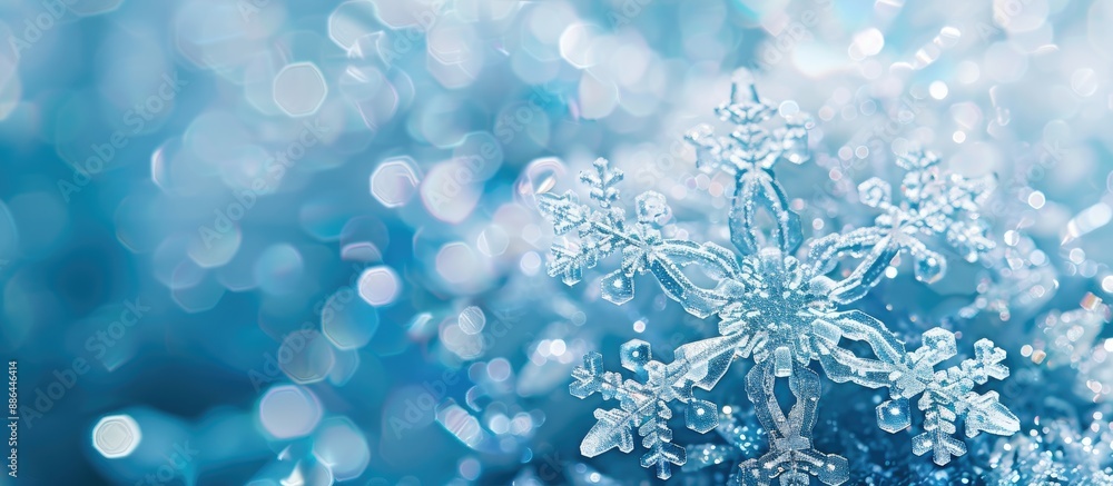 Poster Close up of a winter snowflake against a monochrome blue background with selective focus creating a banner like copy space image