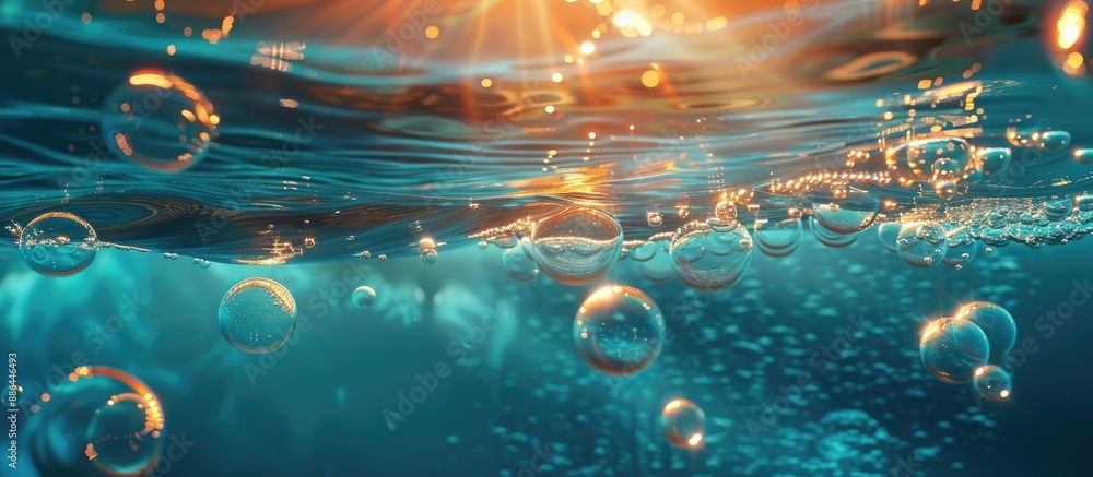Poster product presentation complemented by underwater background featuring sunlight caustics bubbles and c