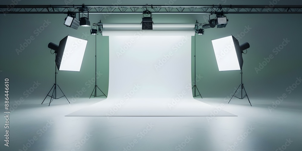 Poster creating a professional virtual studio setup with green screen, lighting, and camera angles. concept