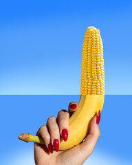 Poster. Contemporary art collage. Surreal artwork. Banana Corn. Blending reality and fantasy. Hand...