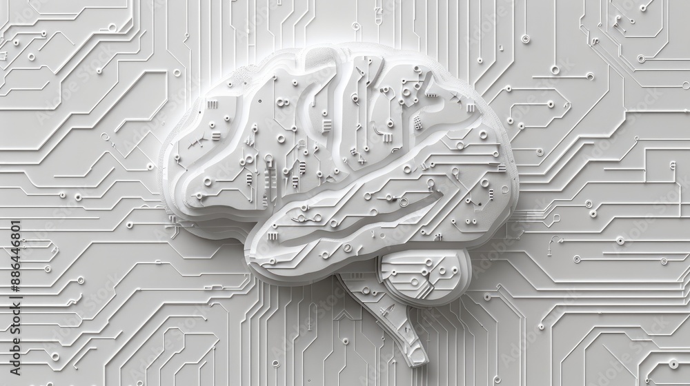 Poster simple white paper cut art icon of a brain with circuit lines, set on circuit lines around, symboliz