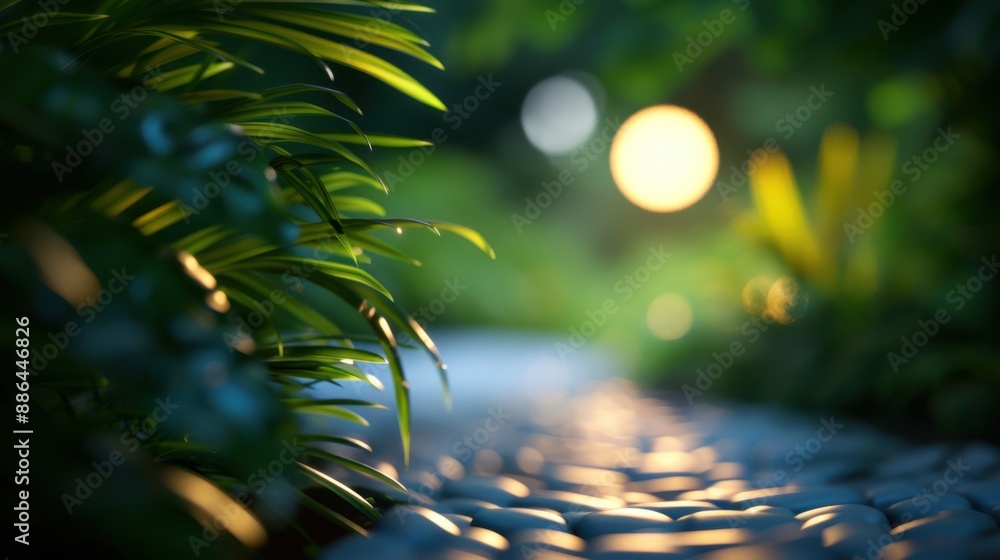 Poster a serene cobblestone path surrounded by lush foliage and illuminated by bokeh lights, creating a mag