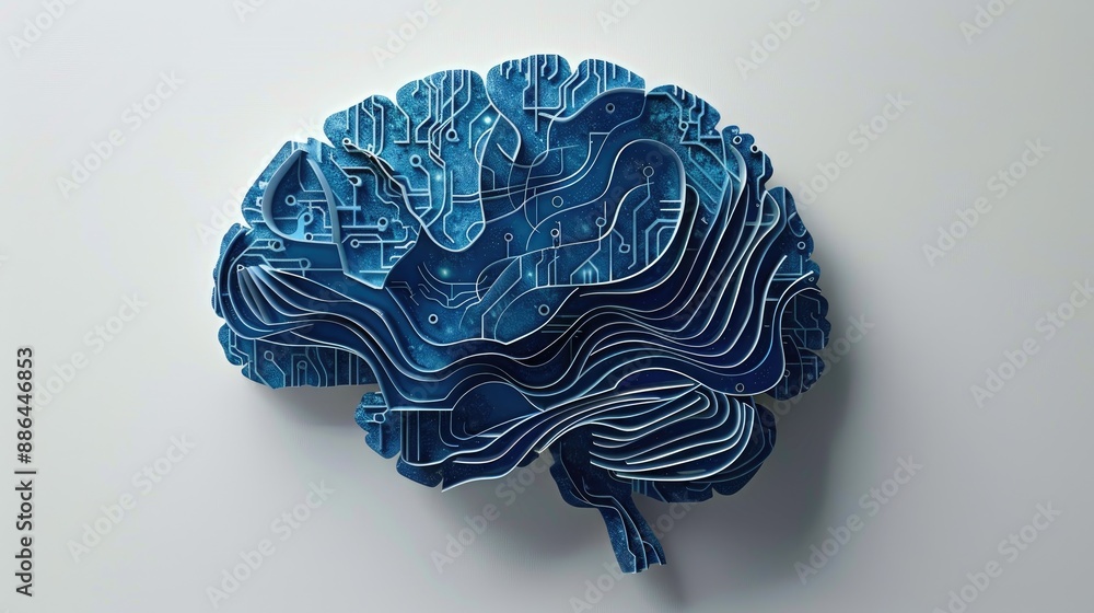 Poster simple white paper cut art icon of a brain with circuit lines, set on a clean white background, symb