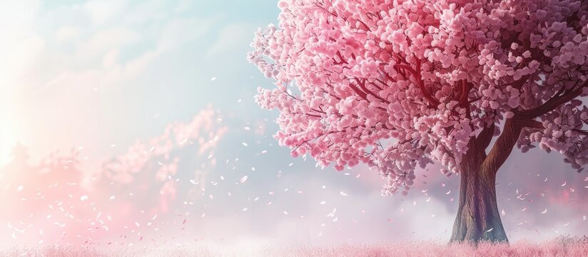 A blossoming tree with pink flowers in the spring season with empty space for overlaying pictures. with copy space image. Place for adding text or design