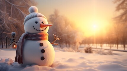 Obraz premium Festive snowman in a snowy field, with a hat and scarf, soft sunlight, and a serene atmosphere