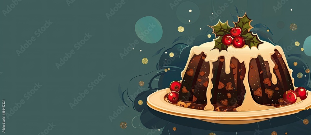 Poster a festive christmas themed fruitcake and pudding displayed beautifully on a plate with a blank area 