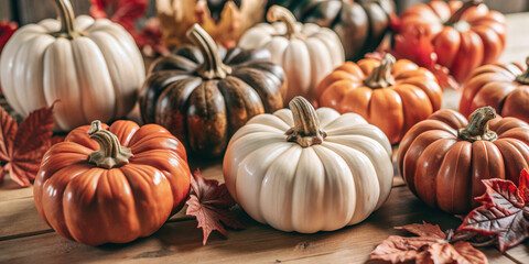A diverse selection of pumpkins are displayed on the tabletop