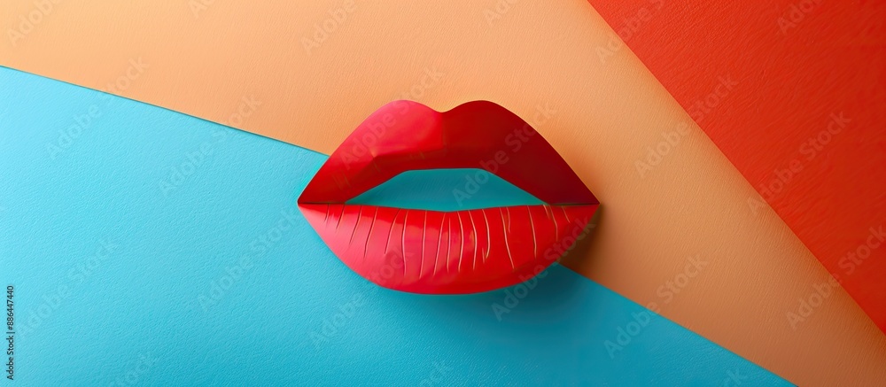 Poster Red paper lips on a colorful backdrop with copy space image