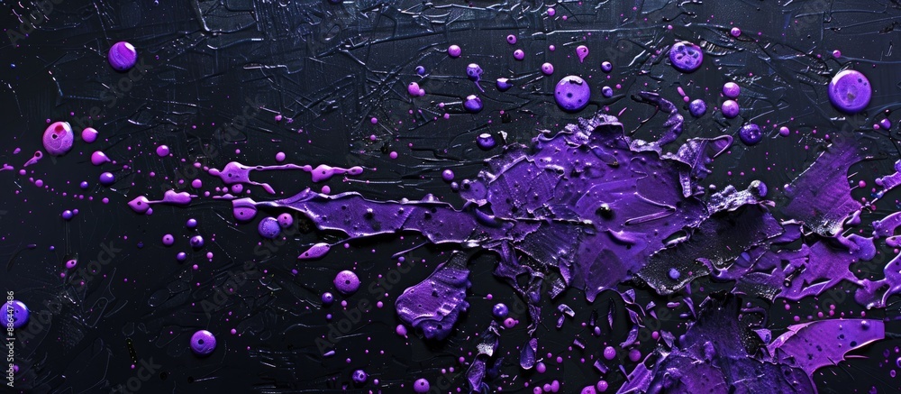 Poster vibrant purple paint splatters on a black backdrop with ample copy space for images creating an arti