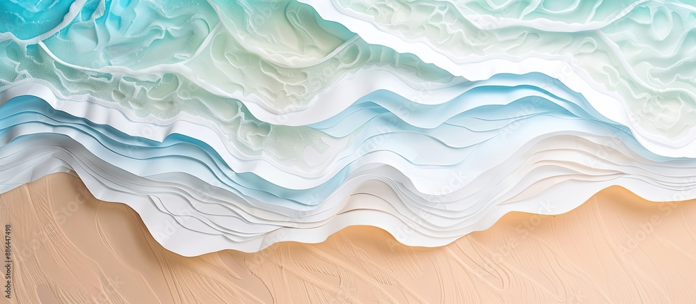 Poster Aerial view of a beach themed image with paper waves creating a serene backdrop ideal for including text or graphics due to the available copy space