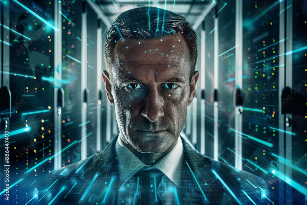Poster confident data center it specialist monitoring cloud infrastructure and servers as cybersecurity sys
