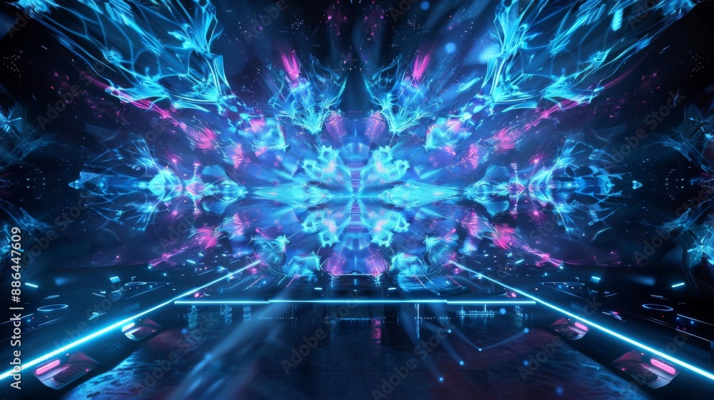 Poster a futuristic scene with blue and pink neon lights forming an abstract pattern. the lights illuminate