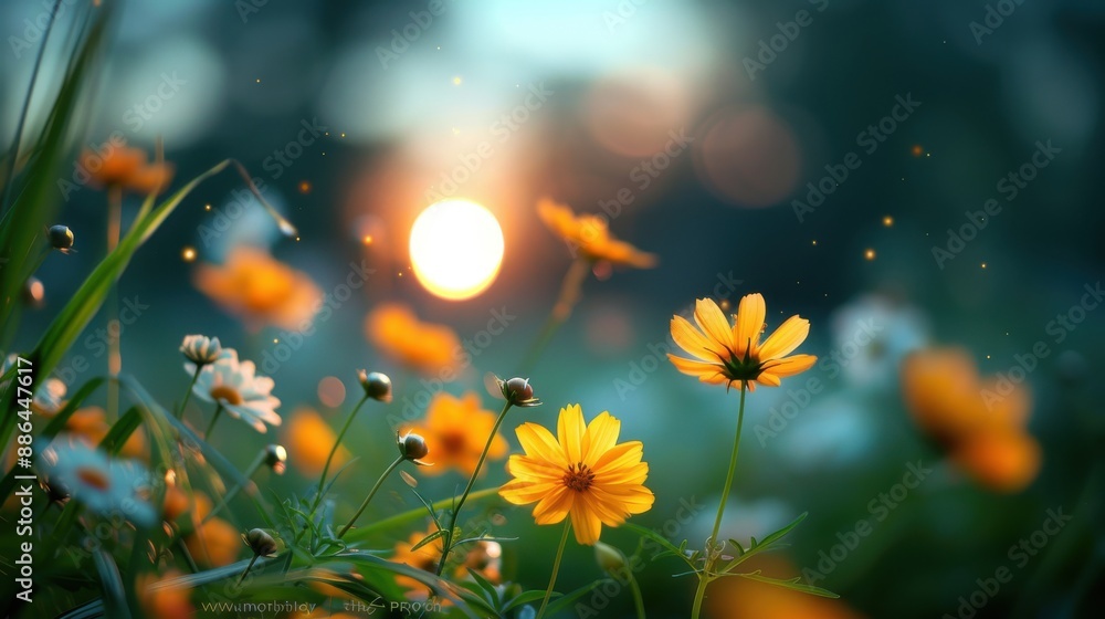 Poster the image showcases yellow flowers bathed in the soft light of dusk, surrounded by greenery, with ge