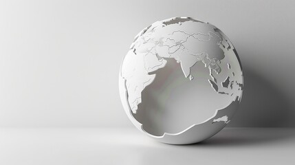 A white, minimalist globe with detailed continents stands against a light background, representing global connectivity and simplicity in design.