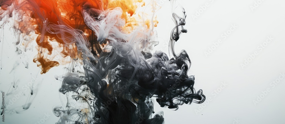 Aufkleber Black ink swirling in water creating a colored abstract smoke explosion effect isolated on white with a spacious area suitable for adding text or images. with copy space image