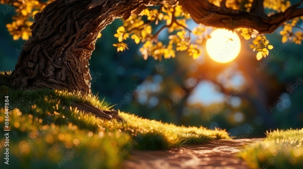 Poster a beautiful image of a golden sunset casting its glow behind an ancient tree, surrounded by lush fol