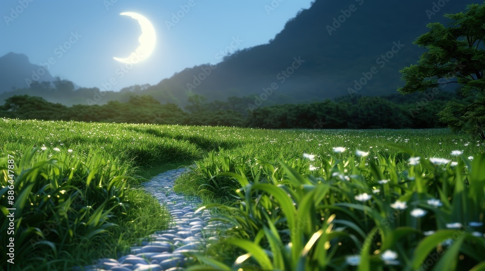 Poster a calming nighttime image of a moonlit path cutting through a serene, green meadow, with the crescen
