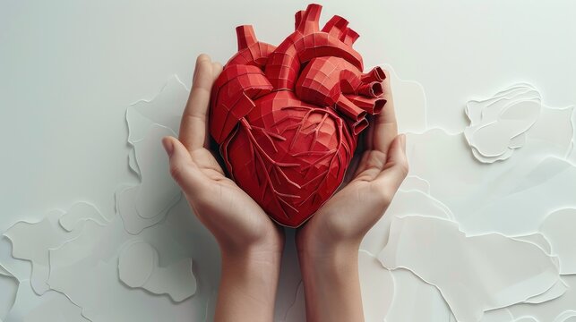 Two hands cradle a red, geometric heart made of textured material, symbolizing compassion, support, and the significance of cardiovascular health.