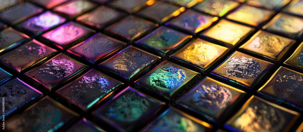 Poster shiny glass mosaic tile in metallic gold and black with a rainbow color effect on it perfect for a c