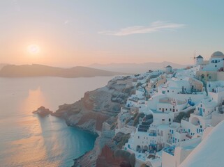 Fototapeta premium View of Santorini in Greece view from the top with a calm sea and white buildings.