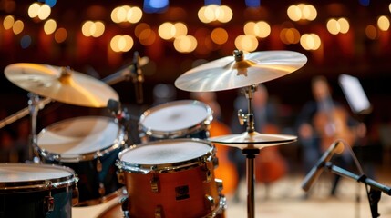 Obraz premium A detailed image of a drum set positioned on stage, with a blurred orchestra in the background, illuminated by warm lighting at a grand concert hall.