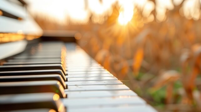 A serene shot of piano keys captured in the enchanting backdrop of nature, with the warm sunlight adding an ethereal glow, highlighting the harmony between music and environment.