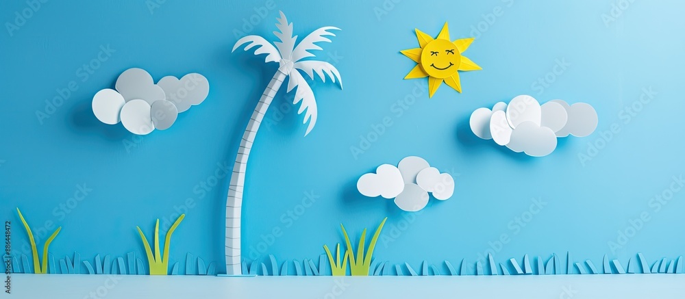 Poster A paper cutout of a palm tree a sun winking clouds on sticks against a blue sky all creating a charming copy space image