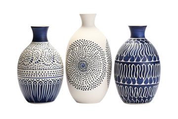 Three Blue And White Ceramic Vases With Geometric Patterns on a White or Clear Surface PNG Transparent Background