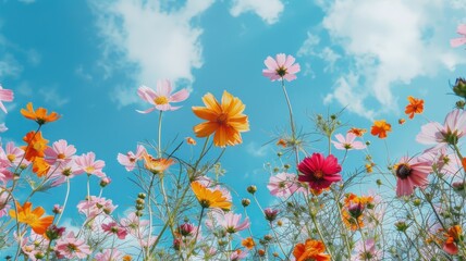 Obraz premium Colorful cosmos flowers in the meadow on a blue sky background.