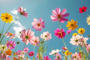 Colorful cosmos flowers in the meadow on a blue sky background.