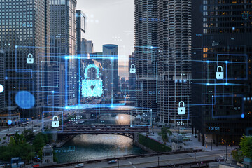 Chicago cityscape with futuristic holographic security concept over the buildings, real photo with digital overlay. Double exposure