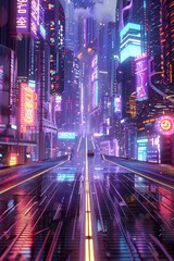 An empty stage in a futuristic, neon-lit cyberpunk city, with a metallic floor, holographic billboards, and towering buildings with glowing windows.