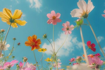 Colorful cosmos flowers in the meadow on a blue sky background.