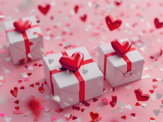 Pink background features two white gift boxes adorned with red bows and hearts, perfect for romantic occasions or Valentine's Day themes