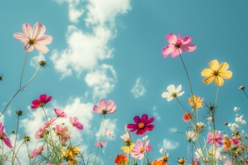 Colorful cosmos flowers in the meadow on a blue sky background.