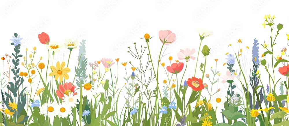 Poster Meadow featuring a variety of colorful wildflowers including cuckoo flowers and daisies with space for text or other elements in the image. with copy space image. Place for adding text or design