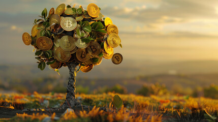 big tree with bitcoin hanging and fall from the tree, investment background theme, tree made of bitcoin