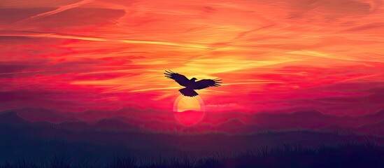 Fototapeta premium A bird silhouette soars towards a vibrant sunset in a banner style copy space image